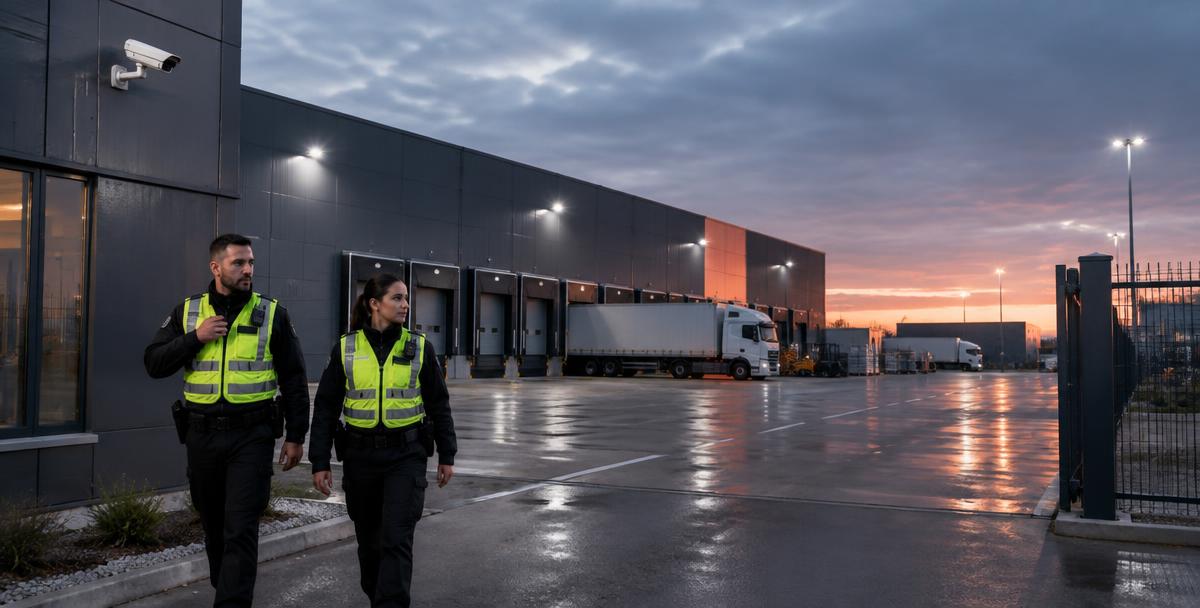 Illustration of security officers patrolling a commercial logistics yard