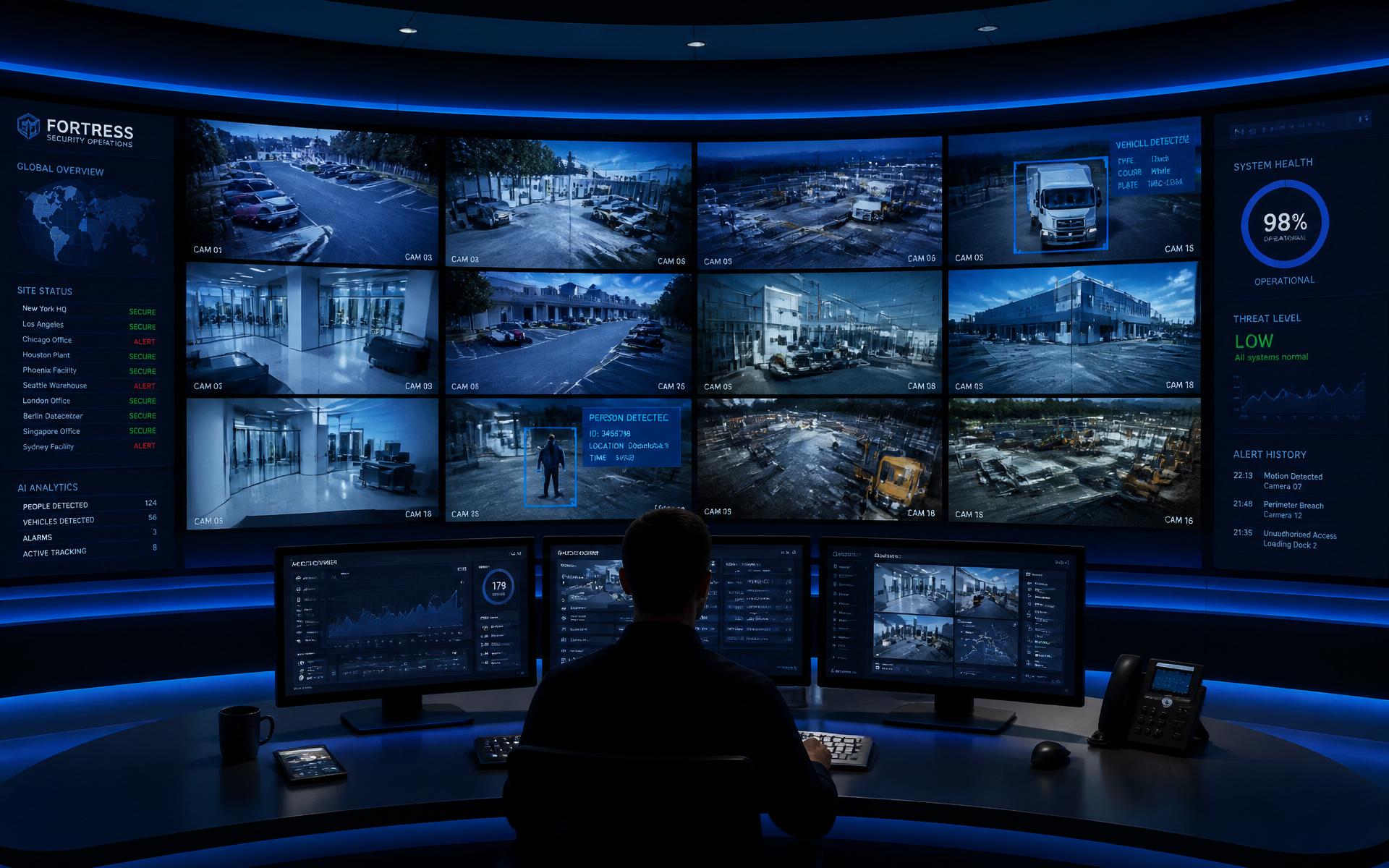 Forward Sector 24×7 security operations control room monitoring live CCTV feeds from commercial sites