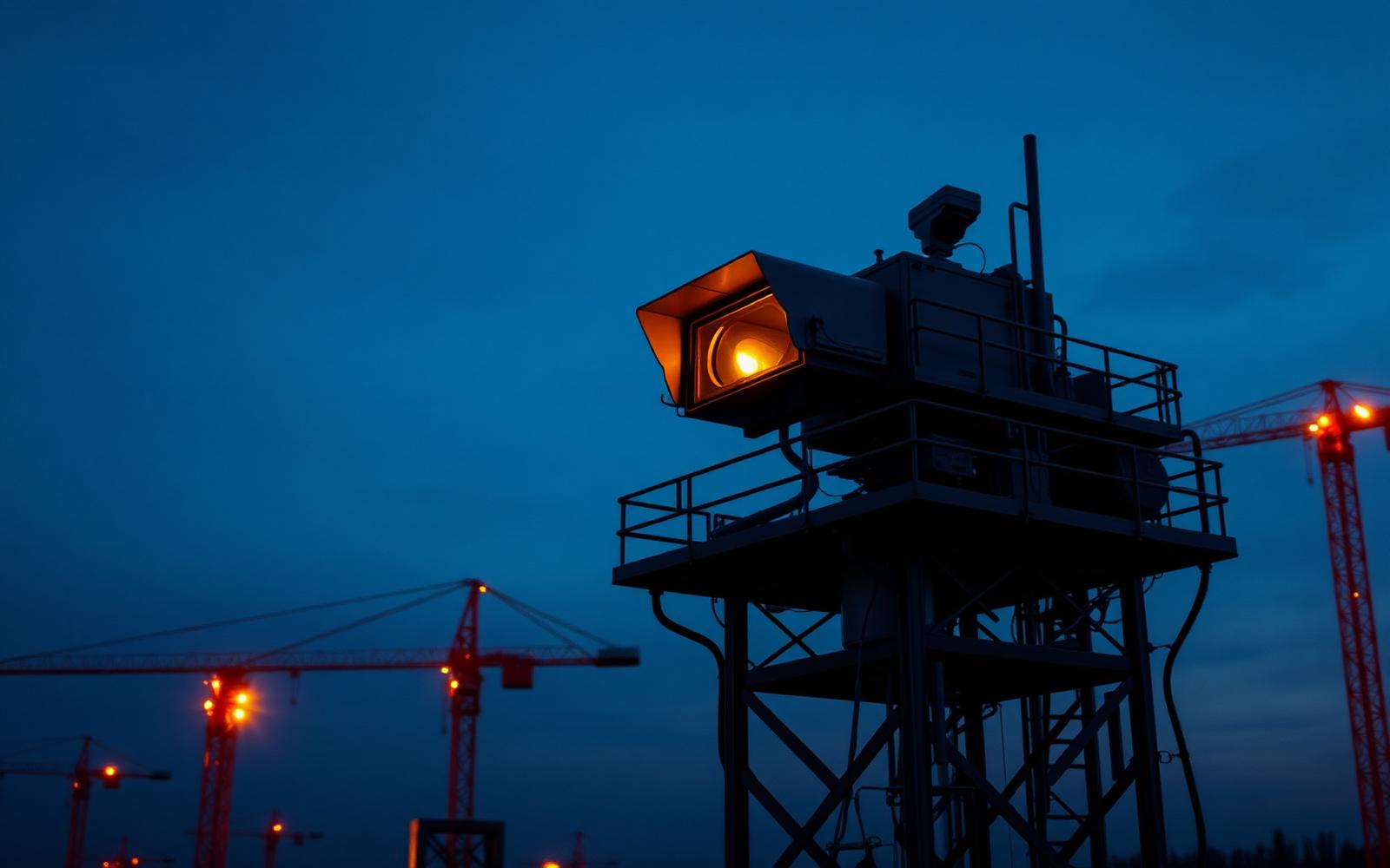 Forward Sector rapid-deployment CCTV tower on a commercial construction site at dusk