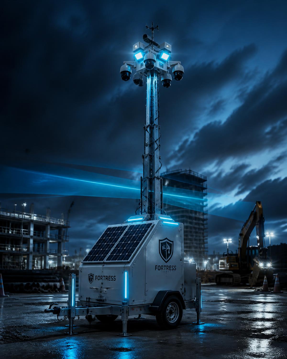 Solar-powered mobile CCTV tower deployed on a UK construction site at night